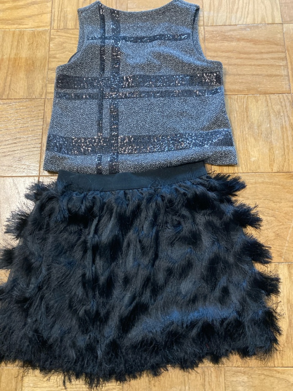 Silver Sequin Tweed Crop Top with Black Feathered Mini Skirt